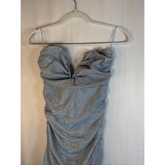 Fashion Nova Strapless Blue Silver Ruched Dress Size Large Preowned - Picture 2 of 11
